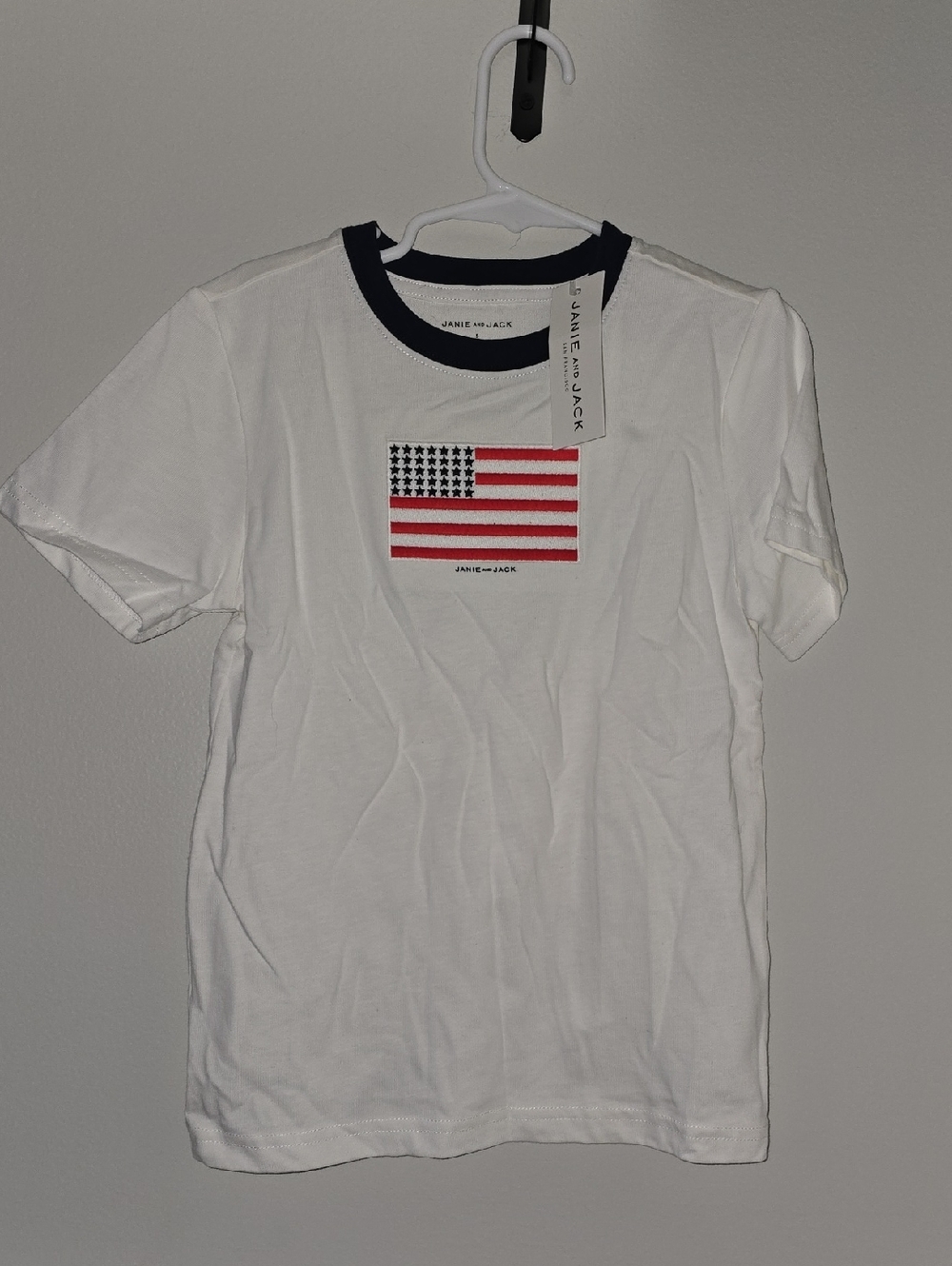 Janie and Jack White Tee with Navy Trim and American Flag
